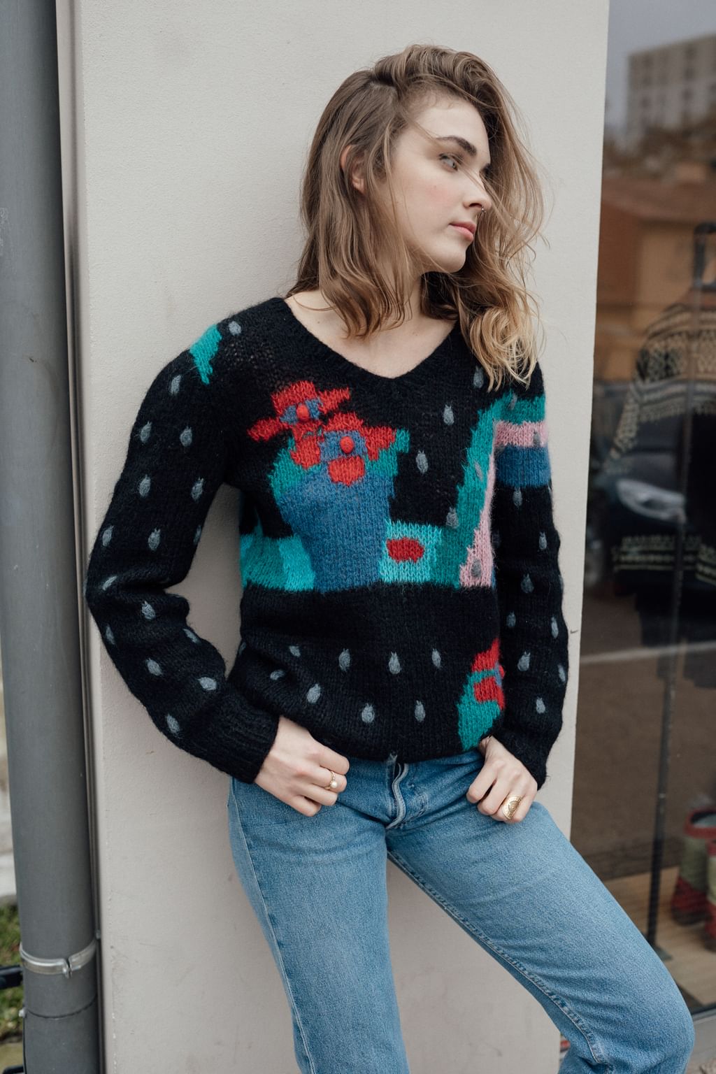 Czarny moherowy sweter vintage XS
