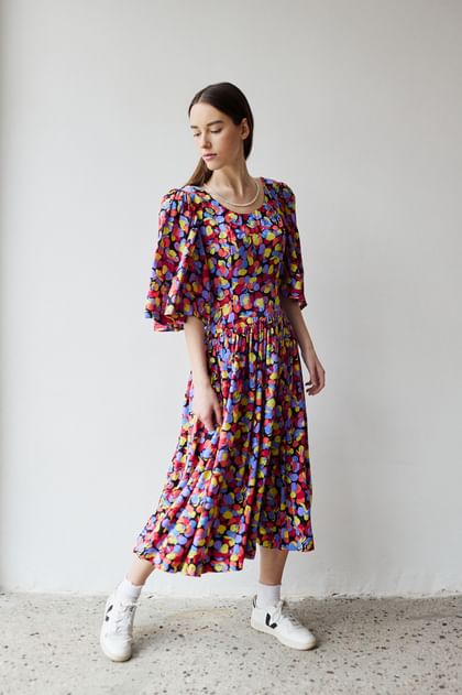 Sukienka w kwiaty vintage handmade M fiolet
