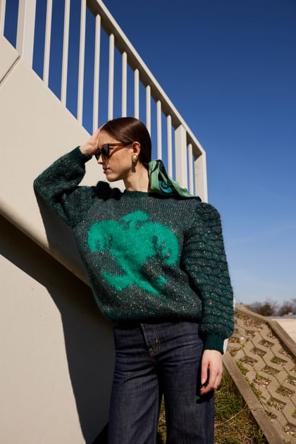 Zielony moherowy sweter handmade S/M