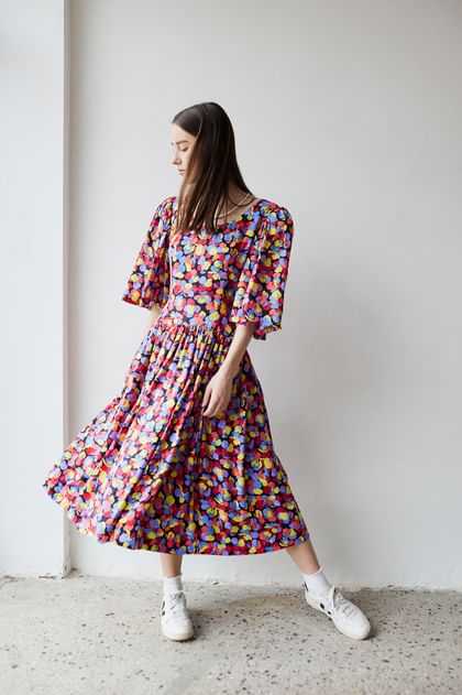 Sukienka w kwiaty vintage handmade M fiolet