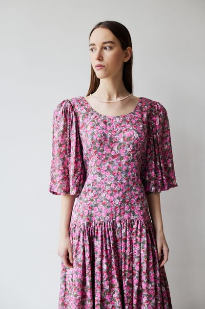 Sukienka w kwiaty vintage handmade M róż